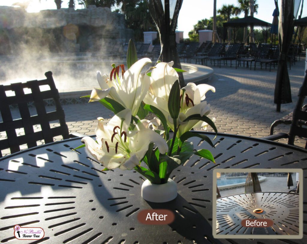 The NoBrella Flower Vase fits in a patio table umbrella hole